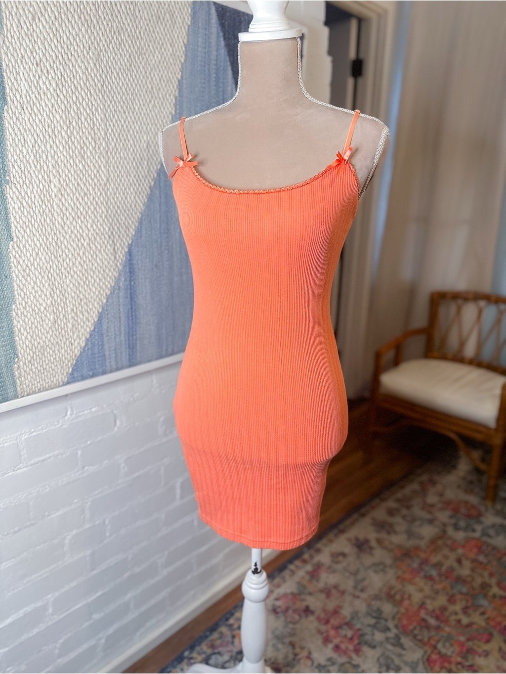 Blue Blush Peachy Ribbed Bodycon Dress with Bow Details